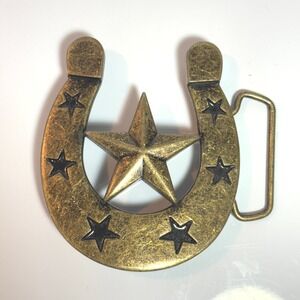 Western Horseshoe Star Belt Buckle Brass Tone